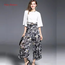 Fairy Dreams Women Two Piece Set Half Sleeve White Shirt Tops And Pants Print Trousers Summer Suit 2017 New Style Office Clothes