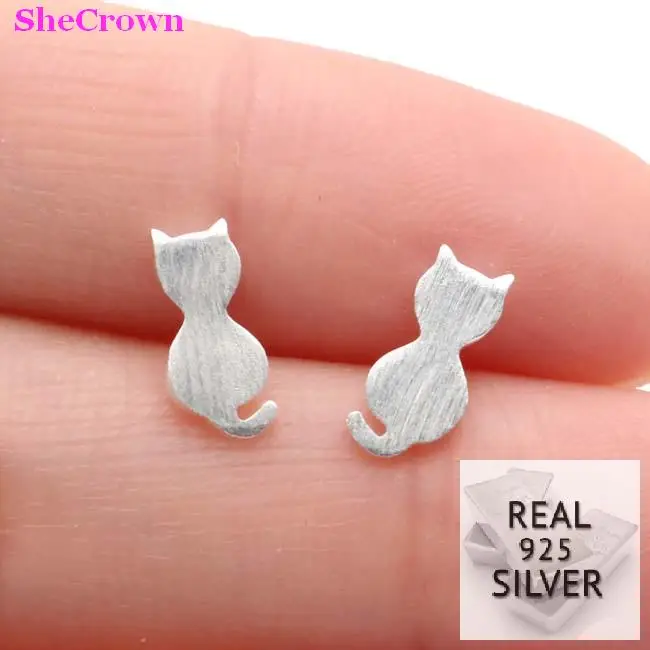 

2018 Real 925 Solid Sterling Silver Cat Shape Gift For Girls Stud Ear Earrings Welcome Drop Shipping