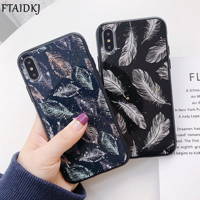 

FTAIDKJ Luxury Epoxy Gold Foil Feather Phone Case For iPhone XS Max XR X Back Cover For iPhone 6 6S 7 8 Plus Glossy Coque Fundas