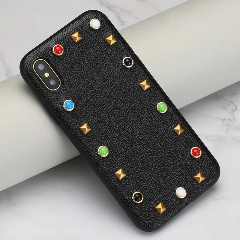 

Luxury Genuine Leather Phone case For iPhone X cases Litchi texture rivet Ultra Thin back cover For 6 6S 7 8 Plus 5 5S SE