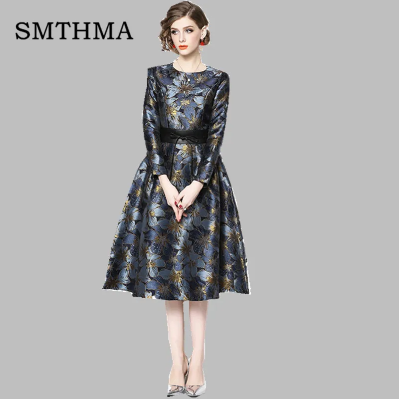 

SMTHMA 2019 Spring New Vintage Runway Style Elegant Gold Jacquard Floral Dress High Waist Women Dress vestidos Free belt