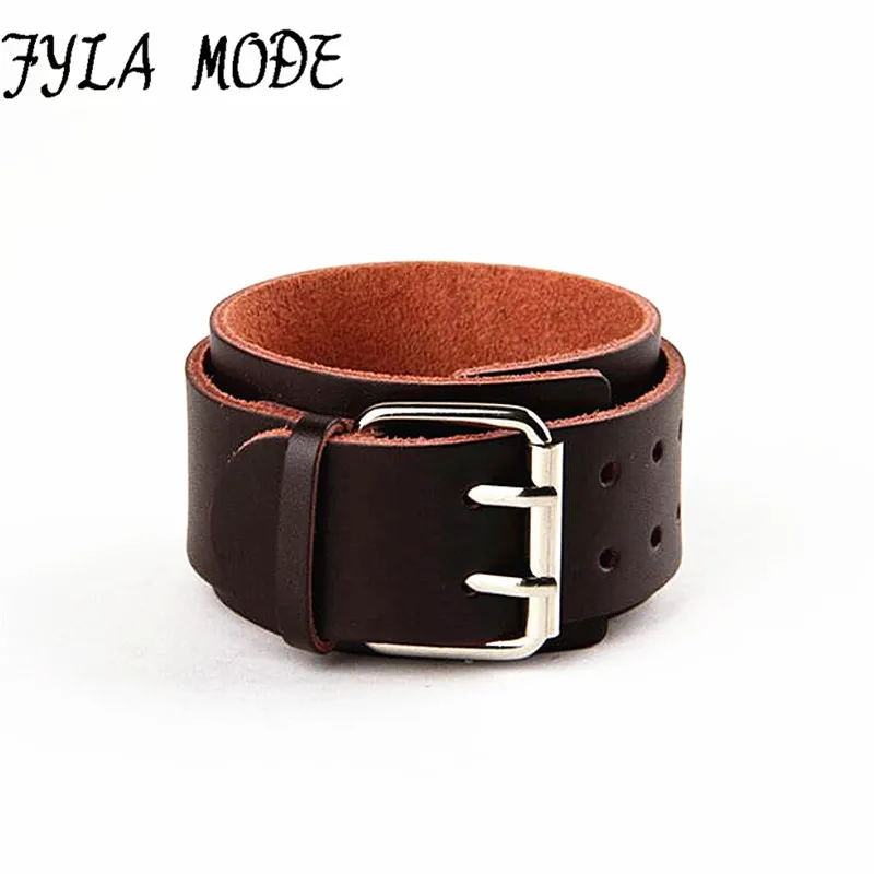 

Black White Brown Punk Rock New Men Genuine Cow 2 Layer Leather Bracelet Alloy Belt Buckle Wristband Cuff Bangle 31*4.50cm 65g