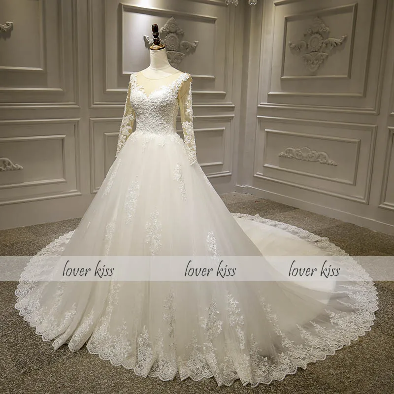 Lover Kiss Vestido de casamento прозрачное свадебное платье с длинными рукавами Роскошный вышитый бисером кружева для невесты свадебные бальные платья Vestido De Noiva