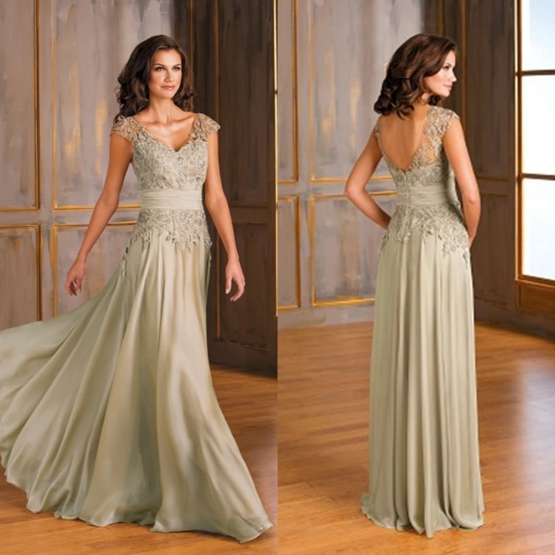 

A Line V Neck Cap Sleeve Appliques Lace Mother of the Bride Dresses Chiffon Long Chiffon Mother Gowns vestido de madrinha