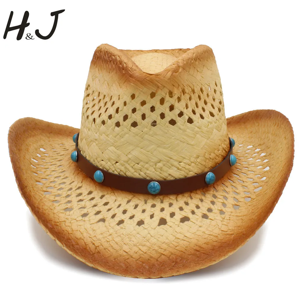 Western Cowboy Hat For Men Women Summer Straw Hats Alloy Feather Beads