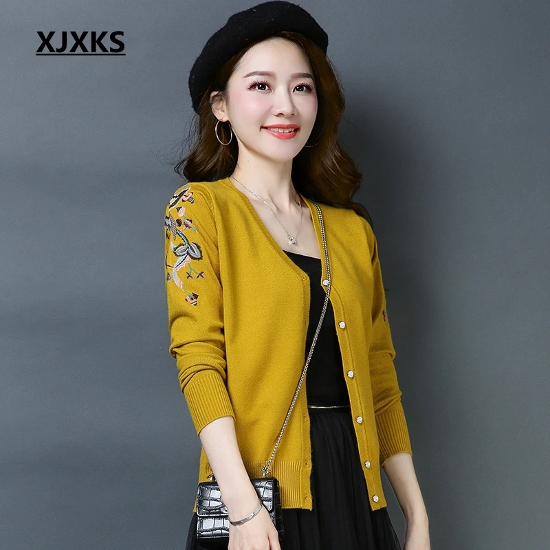 

XJXKS Cashmere Cardigan Women Casual Sweet Crochet Knitted Sweater Tops V-neck Long Sleeve Emboridery Spring Autumn Cardigans