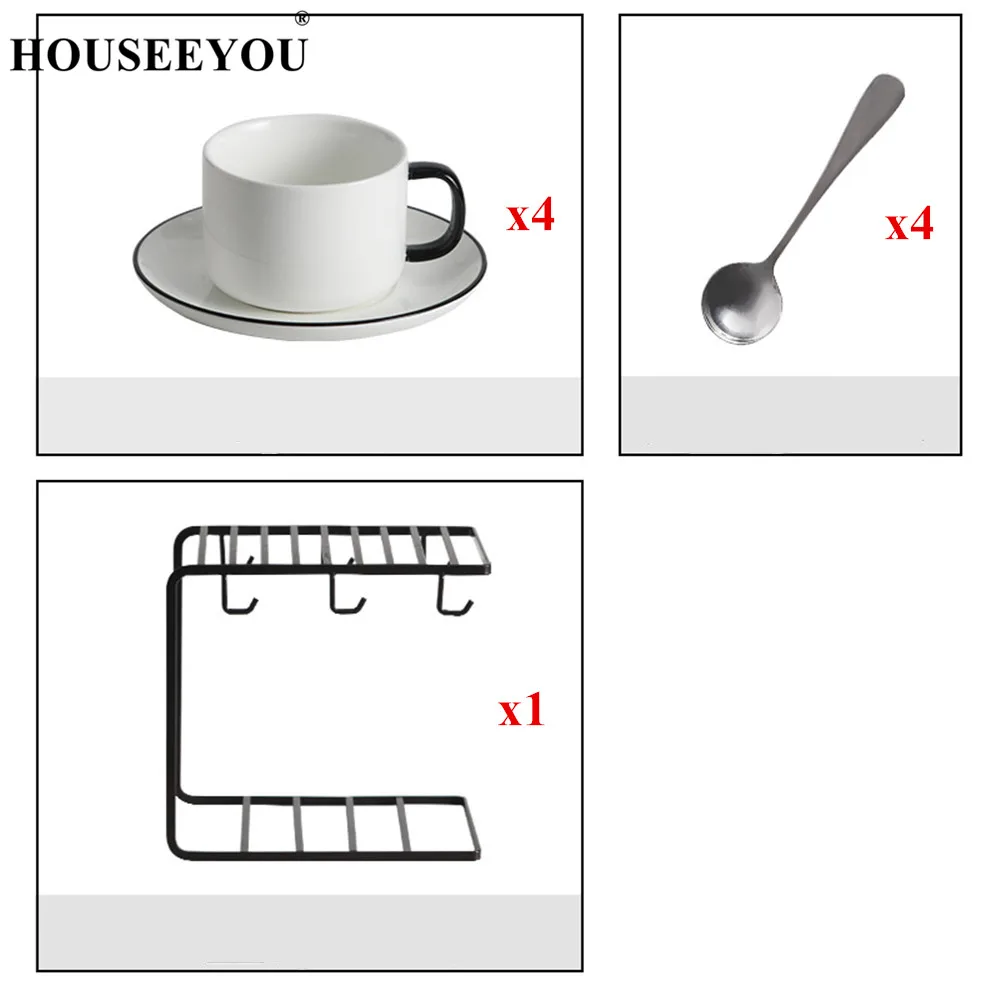 HOUSEEYOU, простая британская послеобеденная кофейная чашка, блюдце, набор чайных чашек с ложкой и полкой, Современная фарфоровая кружка для чая на День святого Валентина - Цвет: 4 Sets