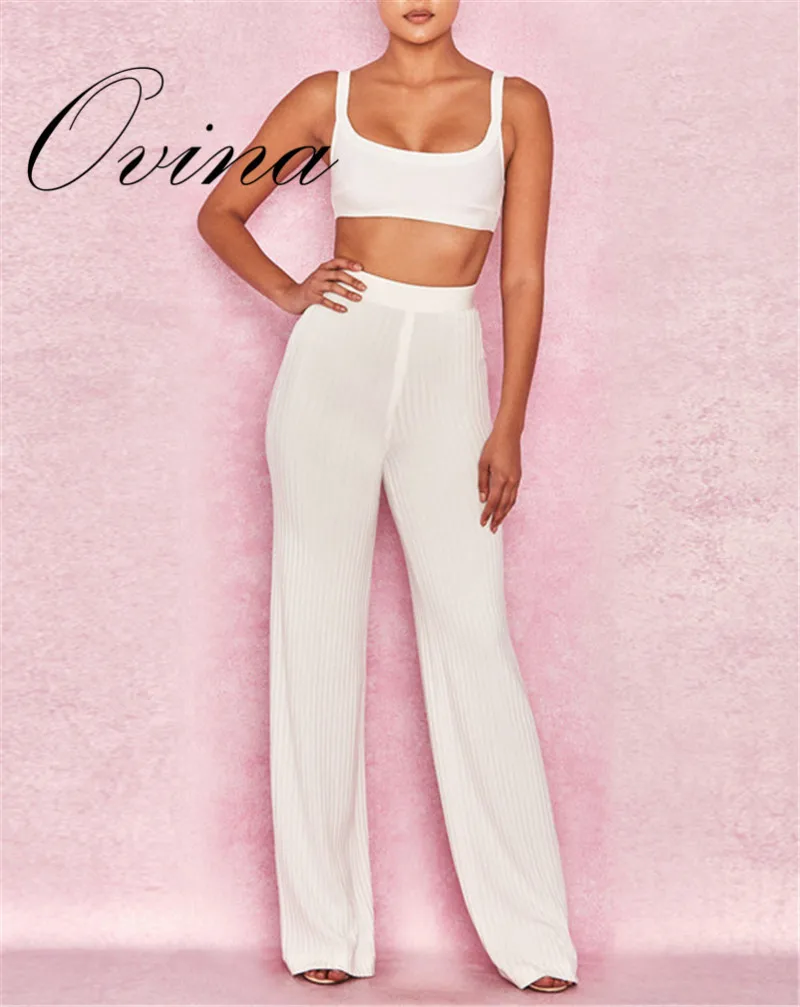 

High Quality White Celebrity Strap Mini Tops Long Flare Pants Bandage Women Sets