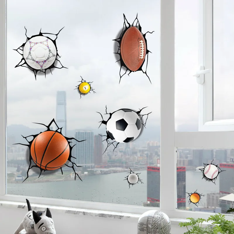 

Simulation 3D broken football basketball volleyball billiards baseball cartoon wall stickers ice crack decorative window sticker