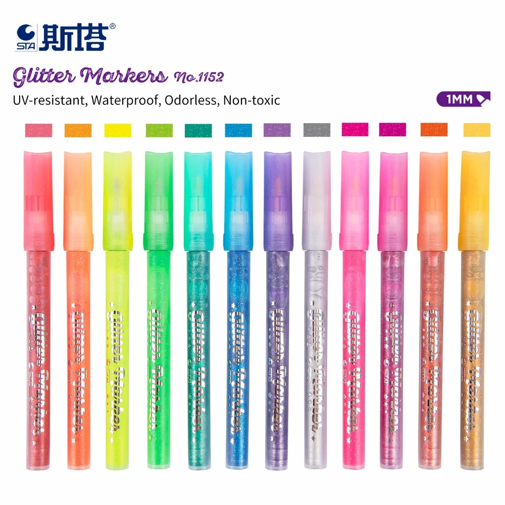 

STA 6/12 COLOUR Glitter Markers Premium Highlighter Fluorescent Color Marker Pen Drawing Learning Art Supplies Office Stationery