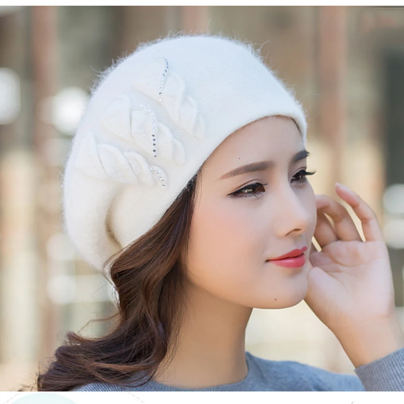 Angora Beanie Women Winter Hat Warm Knit Cap Beret Headwear Double Layer Casual Soft Classic Thermal Snow Outdoor Accessory (3)