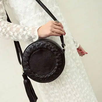 

Women Leather Round Messenger Bag Fashion Lady Tassel Weave Cross Shoulder Bag Cute Simple Tote Handbag