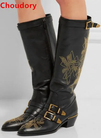 Fall winter gold rivets studded flowers chunky heels knee high boots for woman buckles decoration mid-heel pointed toe long boot