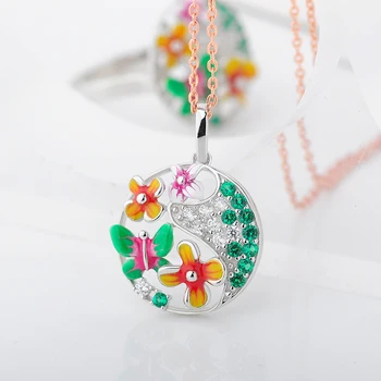 

RainMarch Flower Enamel Silver Pendant for Women Necklace 925 Sterling Silver Pendant For Necklace Butterfly Crystal Jewelry