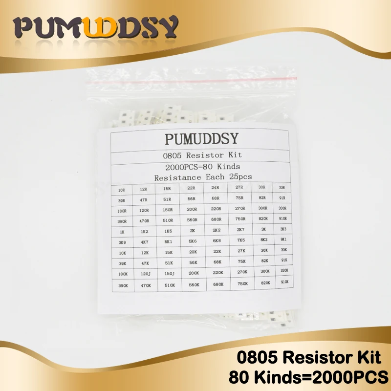

2000pcs 0805 SMD Resistor Kit Assorted Kit 1ohm-1M ohm 5% 80values X 25pcs=2000pcs Sample Kit