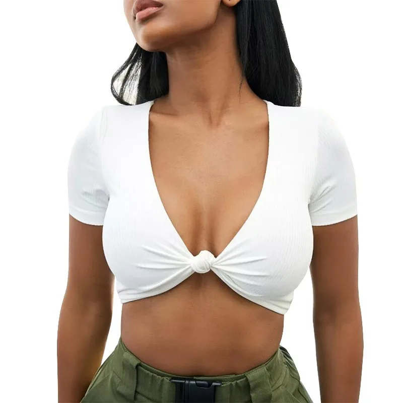 

GUMPRUN Women Vintage Sexy V Neck Short T Shirt Crop Top Summer Knotted Short Sleeve Slim T Shirts Tops Black White Red T Shirt
