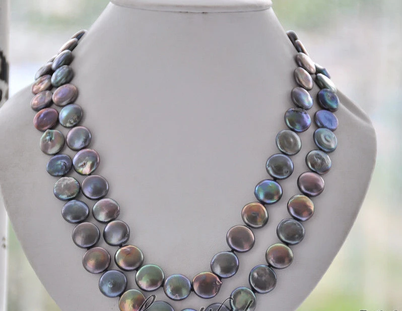 

z6687 2strands 14mm coin peacock black freshwater pearl necklace 21inch