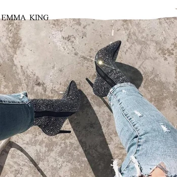 

Sexy Bling Crystal Ankle Boot for Women Zipper Pointed Toe Stiletto High Heels Spring Autumn Women Apricot Black Party Shoes
