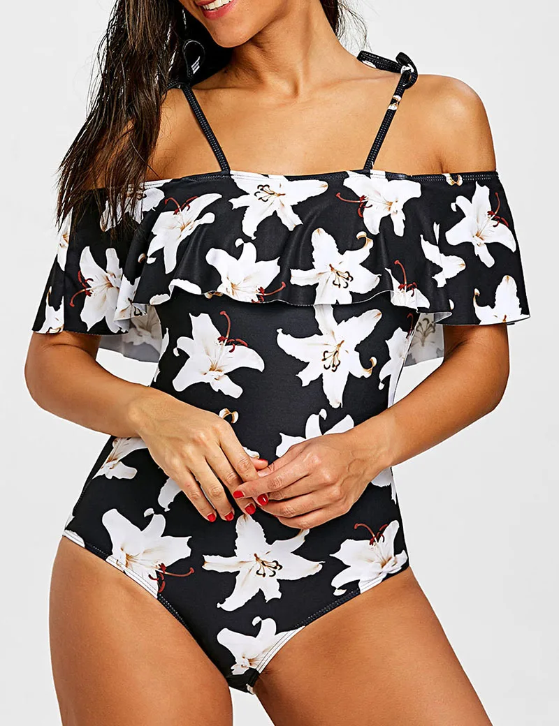 

Ruffle Floral Women One Piece Swimwear Padded Bandage Cut Out Swimsuit Flower Print Falbala BodySuit Flounce Bathing Suit