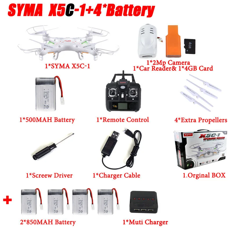 Квадрокоптер с дистанционным управлением на частоте 2.4GHz 4CH, с 2-мегапиксельной HD-камерой. SYMA X5C RC - Цвет: X5C 5 battery