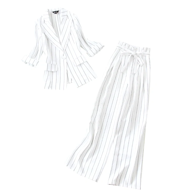 Женский костюм весна лето 2019 большой размер белый и черный в полоску рукав 7