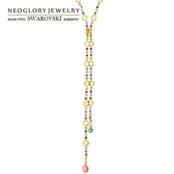 

Neoglory Austria Crystal & Auden Rhinestone Chain Long Necklace Multicolour Style Light Yellow Gold Color For Trendy Classic