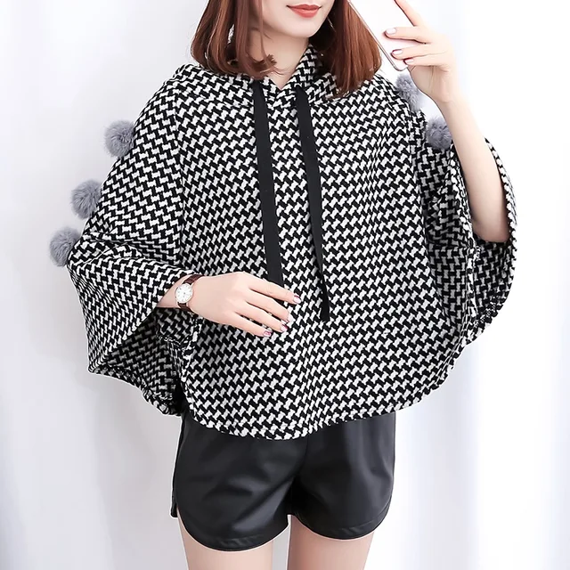 Disc new 2018 winter women cloak plover case hooded short coat plaid overcoat casual clothes hoody girl outfit free size outerwear 