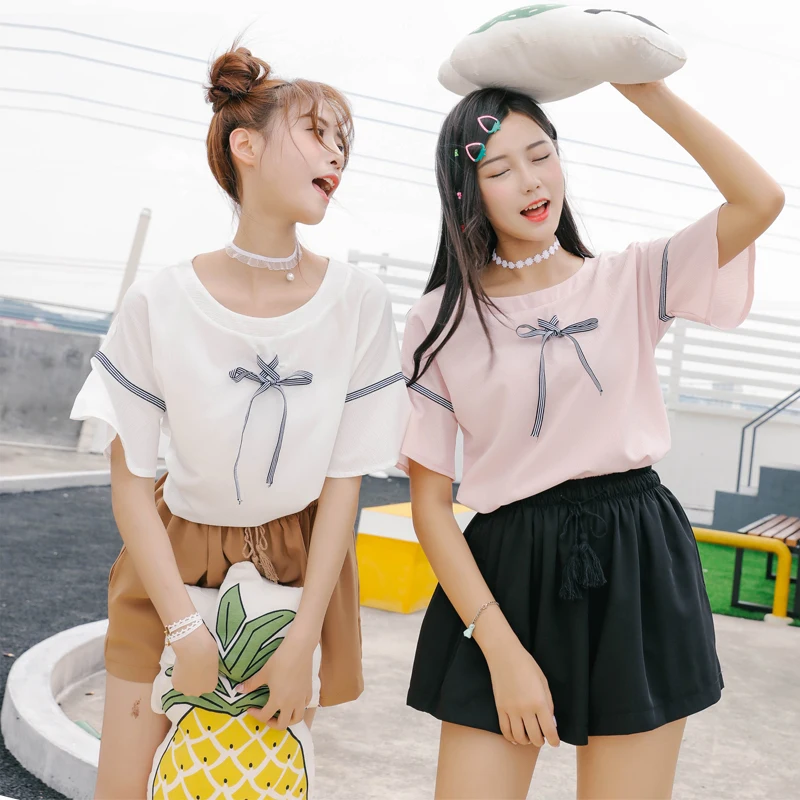 

2019 Women'S Ulzzang College Loose Bow Round Collar Flare Sleeve Doll Shirt Female Korean Kawaii Blouses And Clothing For Women