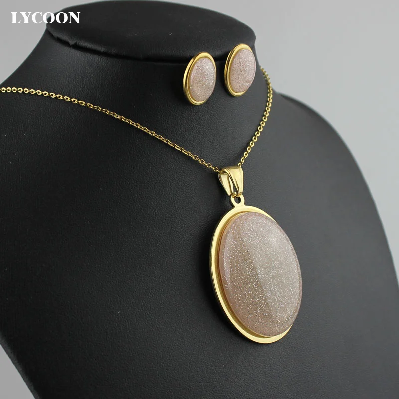 LYCOON, подвеска из нержавеющей стали, позолоченный цвет, специальный камень из смолы в форме яйца, ожерелье, серьги, ювелирные наборы для женщин
