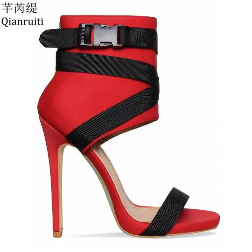 

Qianruiti Zapatos Mujer Stretch Fabric High Heels Sandals Ankle Buckle Strap Women Pumps Open Toe Stiletto Heels Women Shoes