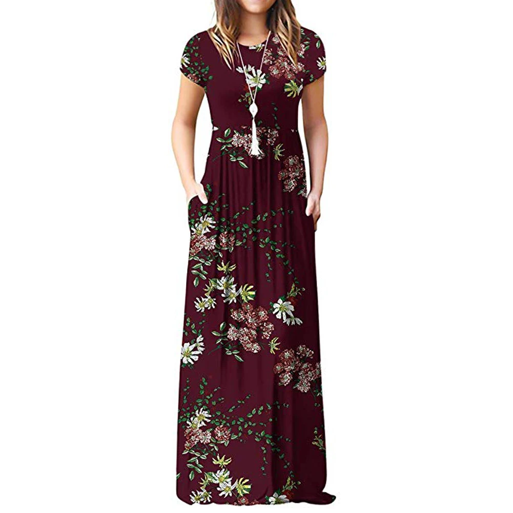 Женское платье макси с коротким рукавом круглым вырезом и карманами|Платья| |