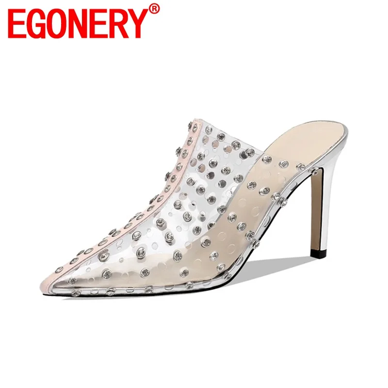 

EGONERY 2019 summer new high quality pointed toe high heel slippers 8.5 cm heel office dress shoes plus size 33-40 woman shoes