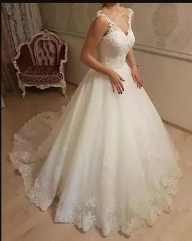 

Elegant A-Line Appliques Wedding Dresses V Neck Open Back With Lace Up For Bridal Customized Long Tulle Bridal Gown wedding gown