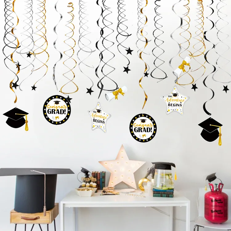 36 piezas de decoración de fiesta de graduación Grad felicitaciones de despedida de soltera adornos en espiral colgantes de papel de aluminio