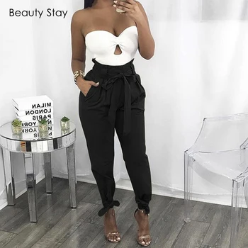 

Beauty Stay Autumn Women Wide Leg Pants Pure Color Lace Up Spandex Sashes Loose Streetwear Full Length Ankle Banded Pants