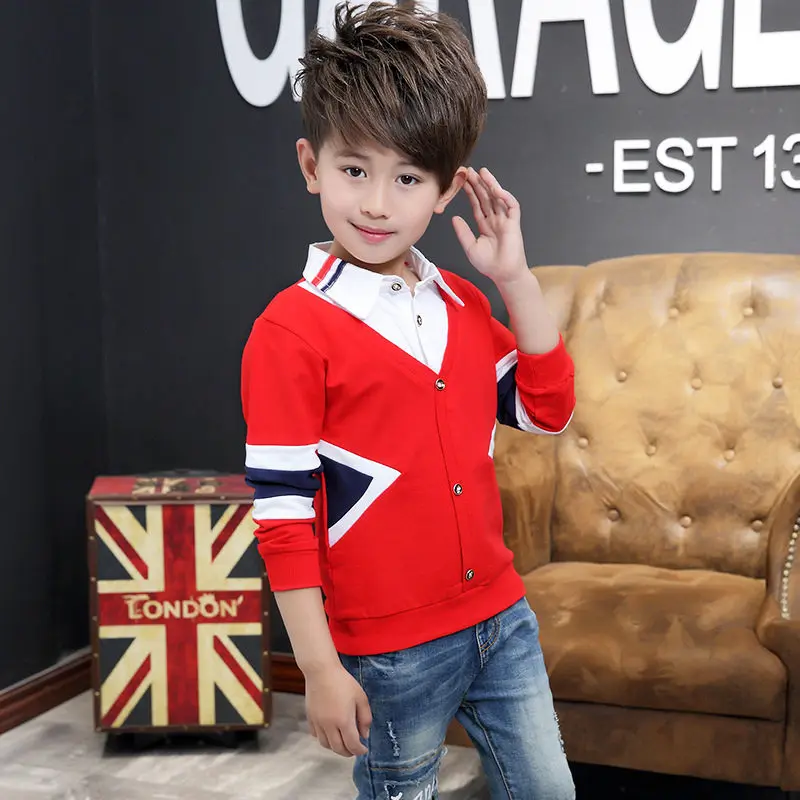 Осенние детские футболки для мальчиков топы с геометрическим рисунком и длинными рукавами; модные детские хлопковые футболки с имитацией двух предметов; школьная одежда для подростков - Цвет: Красный