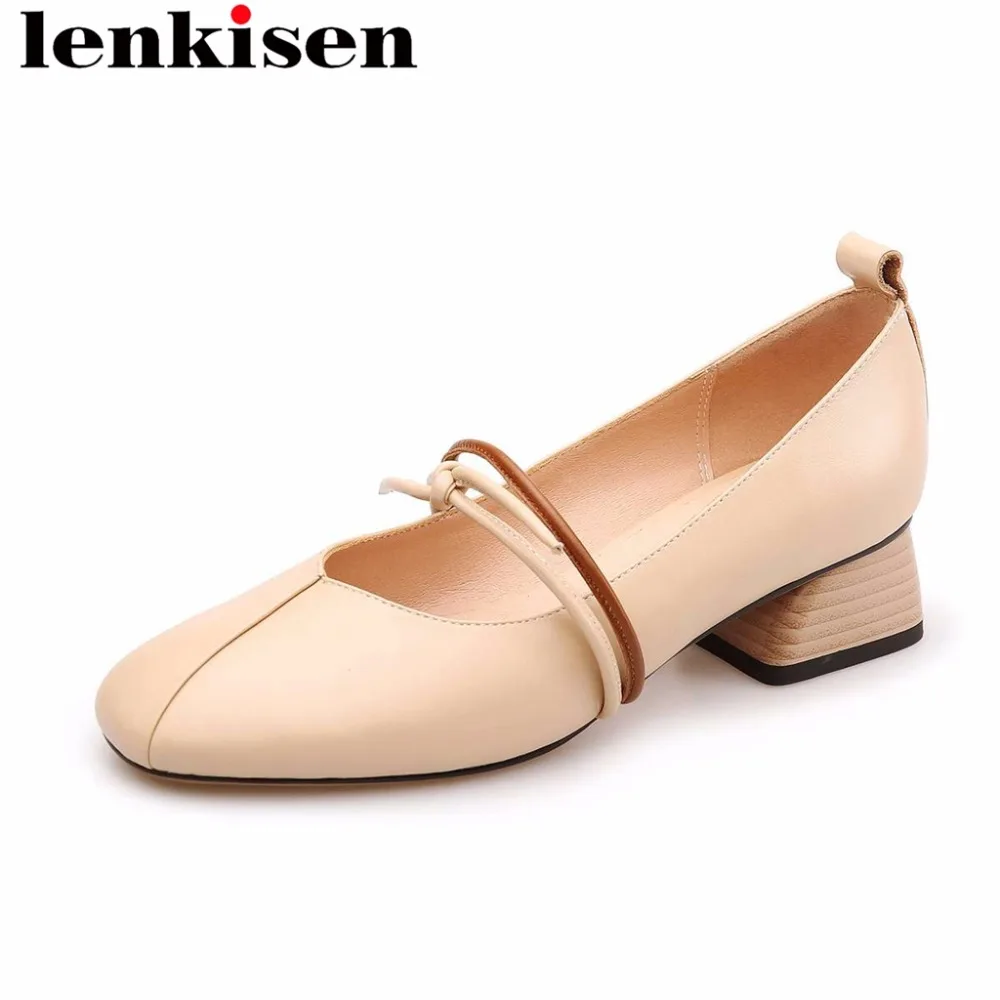 

Lenkisen korean girls natural leather slip on women pumps square toe thick med heels sleeve shoes shallow comfortable shoes L20
