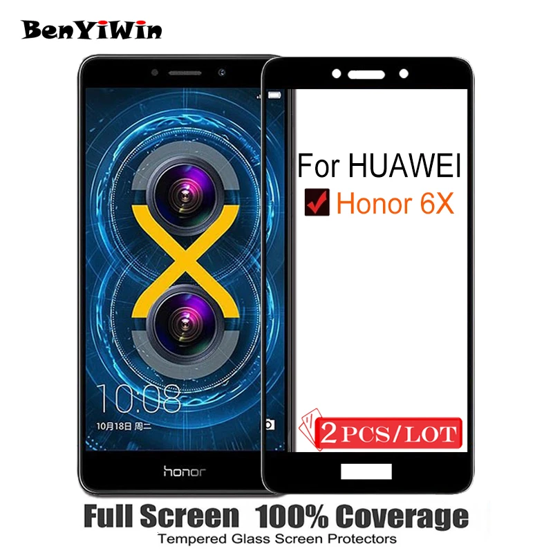 

2PCS 100% Original Full Cover Tempered Glass for Huawei Honor 6X Screen Protector on Protective Glass For BLN AL10 L21 L24 Film
