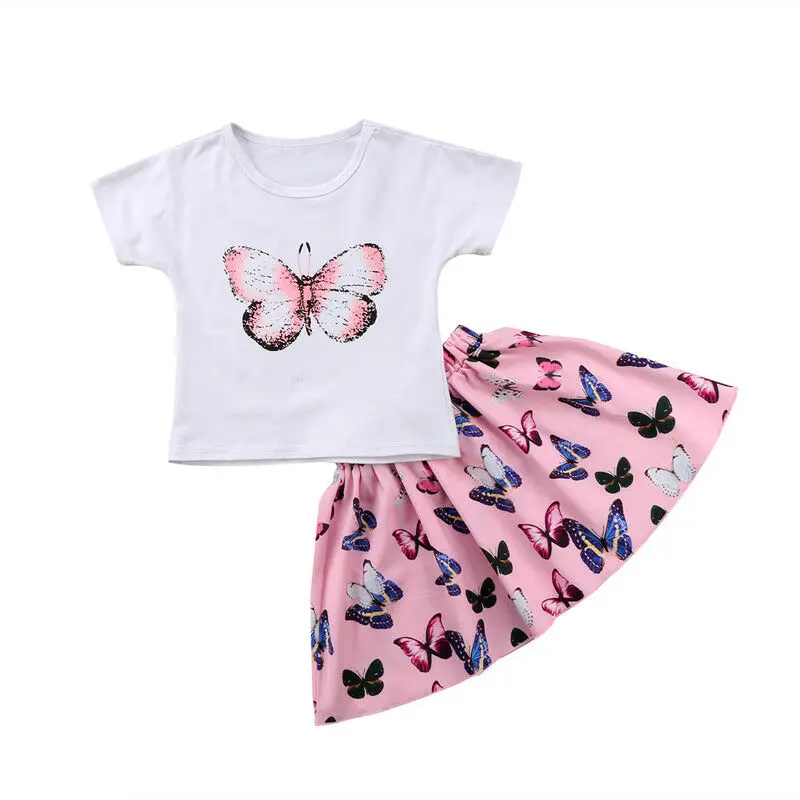 

2PCS Baby Girls Kids Toddler Kids Baby Girls Summer Outfits Clothes Butterfly Print T-shirt Tops+Skirt Dress Set