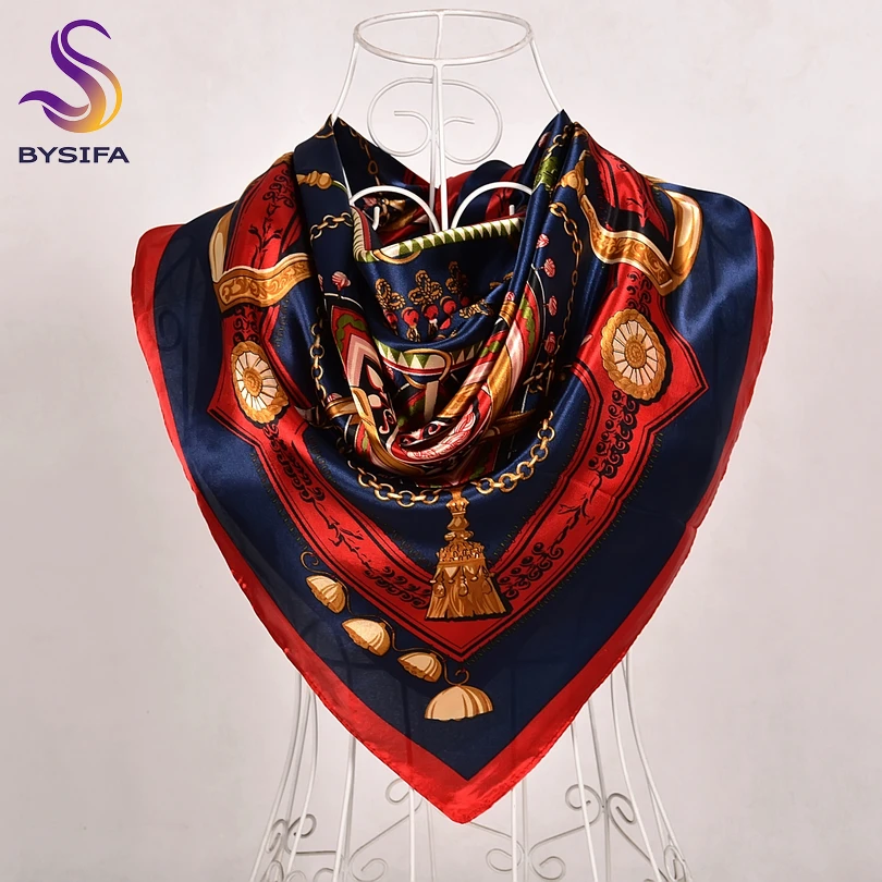 [BYSIFA] Зимний шелковый шарф, шаль, женские модные роскошные квадратные шарфы, брендовые дизайнерские мусульманские шарфы на шею с цепочкой