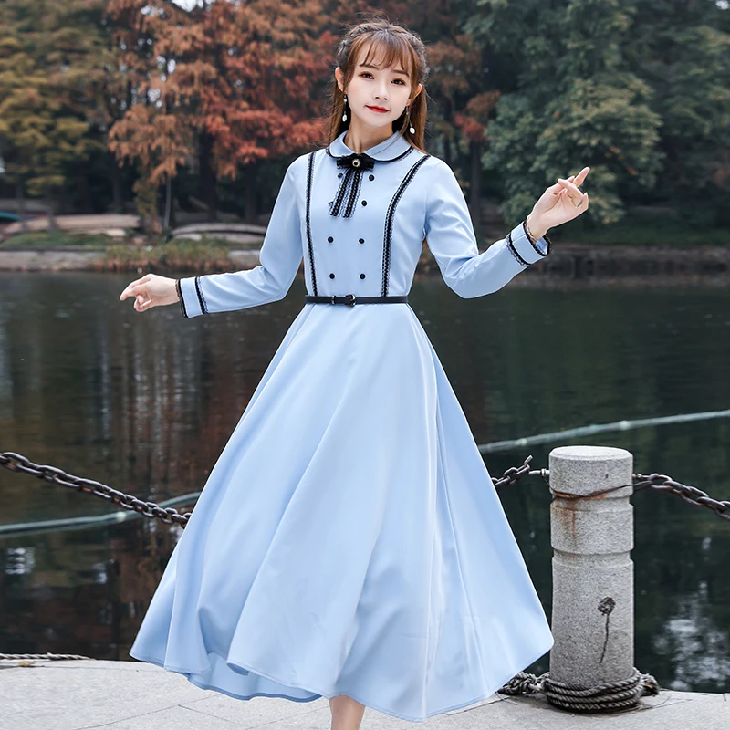 

2019 new fashion women's dresses retro Peter pan Collar Spring Dress Vintage