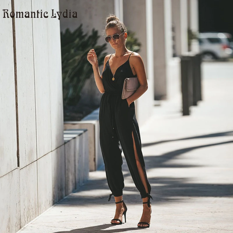 

Elegant Spaghetti strap Black Jumpsuit Plus Size Summer Sleeveless Long Lace up Pant Jumpsuits For Women 2018