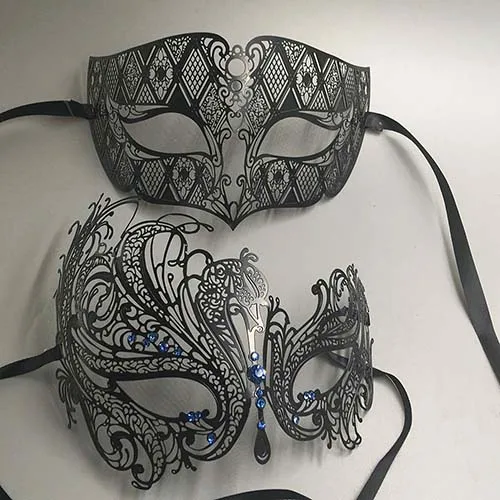 Máscara veneciana de mascarada de corona de metal cortado con láser negro,  Negro 