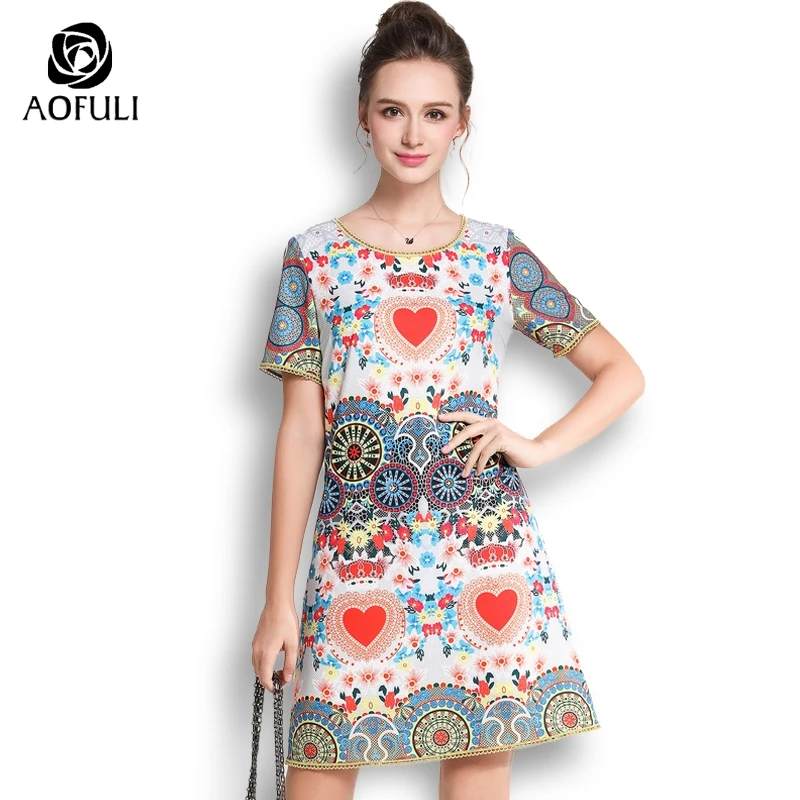 

AOFULI Sicily Style Abstract Printed Dress For Women Big Size Short Sleeve Casual Dress Fashion Brand L- XXXL 4XL 5XL A3618