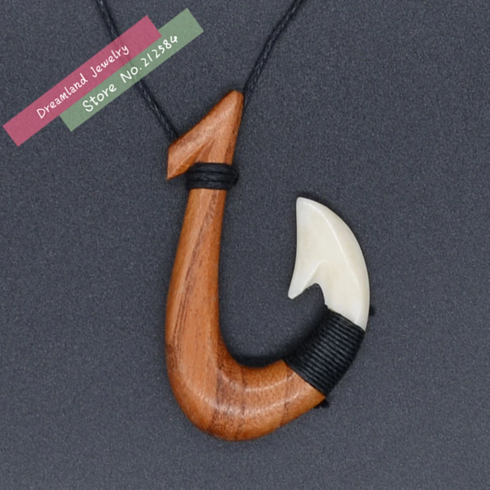 

Free Shipping 1PC Hawaii Style Handmade Carved Ox Bone & Koa Wood FISHHOOK Pendant Womens man's Necklace Fashion Surfer Choker