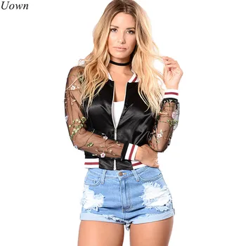 

Mesh Transparent Long Sleeve Womens Jackets Coats Floral Embroidery Patchwork Zipper Thin Slim Outwear Autumn Bomber Jacket