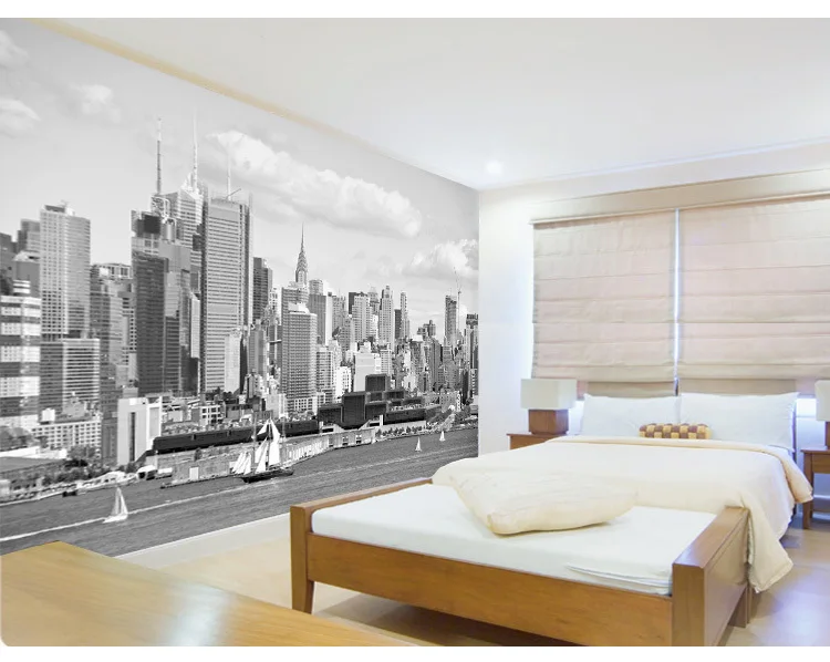 New York City black and white wallpaper modern living room sofa TV
