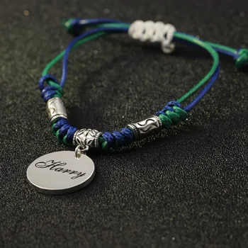 

Wholesale Round 1 inch Engraved Name Personalized Bracelet 925 Solid Disc Ethnic Nylon rope Bracelet