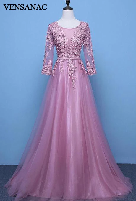 VENSANAC 2018 O Neck Lace Appliques A Line Long Evening Dresses Backless Long Sleeve Party Lace Sash Crystals Prom Gowns VENSANAC 2018 O Neck Lace Appliques A Line Long Evening Dresses Backless Long Sleeve Party Lace Sash Crystals Prom Gowns