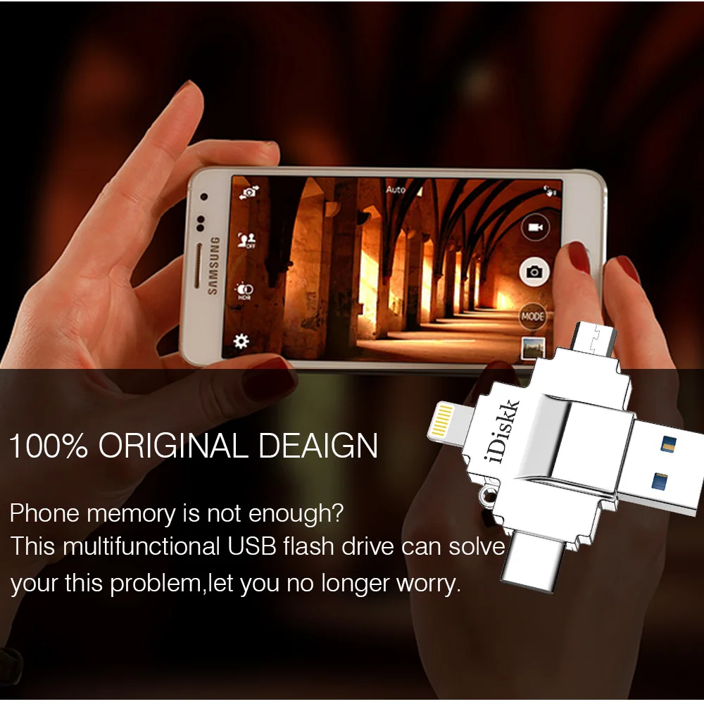 IDISKK Original Flash Drive Fast Speed External Storage 4 in 1 Pendrive for Apple/Android/PC/Tablet 32GB USB 3.0 64GB Flash